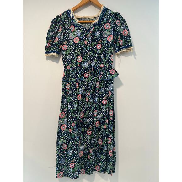 1980s Vintage Midi Dress Peplum Hem Black Polka Dot Floral Size Small JL - Picture 2 of 12